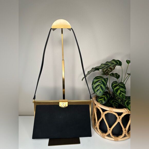 Charles Jourdan Handbags - Vintage Charles Jourdan Black Suede Frame Bag Gold Hardware Clutch Leather Strap